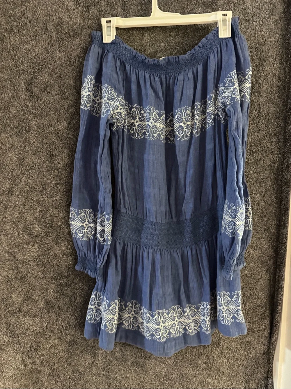 Tory Burch Blue Off-Shoulder Embroidered Long-Sleeve Dress